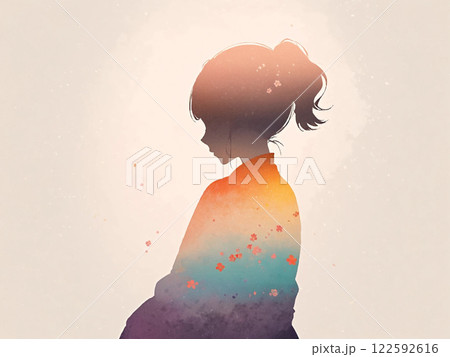 水彩アート　着物姿の女性　桜 122592616