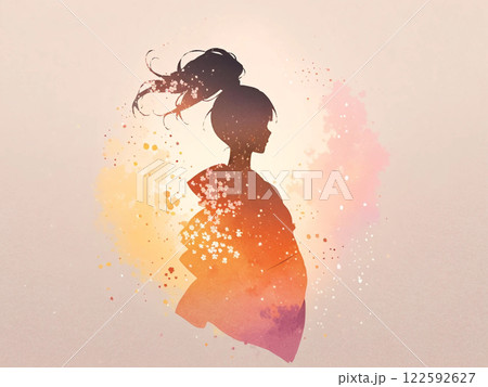 水彩アート　着物姿の女性　桜 122592627