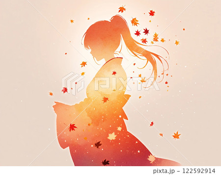 水彩アート　着物姿の女性　紅葉 122592914