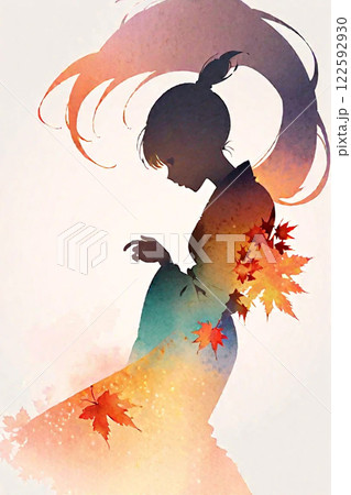 水彩アート　着物姿の女性　紅葉 122592930