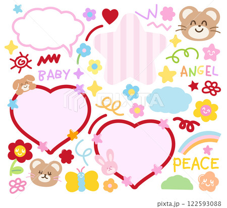Cute vector illustrations of teddy bear, puppy, hearts, bunny, rainbow, stars for Valentine card, background, backdrop, wallpaper, sticker, text bubbles, animals, pet shop, message, decoration, easter Cute vector illustrations of teddy bear, puppy, hearts, bunny, rainbow, stars for Valentine card, background, backdrop, wallpaper, sticker, text bubbles, animals, pet shop, message, decoration, easter 122593088