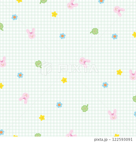 Vector illustration of pink bunny, clover leaf, flowers on pastel blue plaid background for lucky wallpaper, backdrop, animal print, spring and summer, happy easter, duvet, pyjamas, kid pattern, pet 122593091