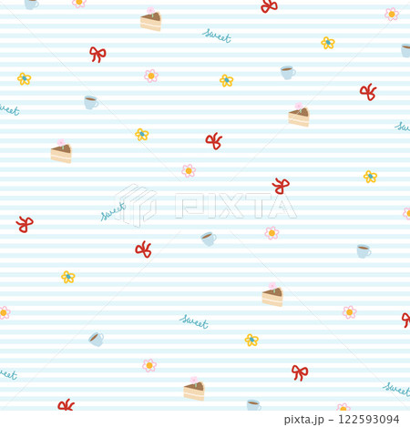 Cake, coffee, red ribbon, flowers on pastel blue stripe background for pastry, bakery, cafe, restaurant, menu, recipe, cute wallpaper, backdrop, picnic blanket, pyjamas, food packaging, birthday card Cake, coffee, red ribbon, flowers on pastel blue stripe background for pastry, bakery, cafe, restaurant, menu, recipe, cute wallpaper, backdrop, picnic blanket, pyjamas, food packaging, birthday card 122593094