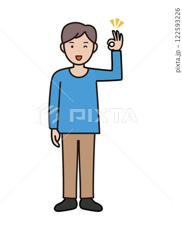 OKサインを出してウインクする若い男性の全身イラスト OKサインを出してウインクする若い男性の全身イラスト 122593226