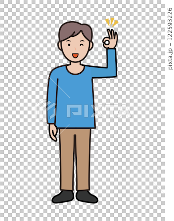 OKサインを出してウインクする若い男性の全身イラスト OKサインを出してウインクする若い男性の全身イラスト 122593226