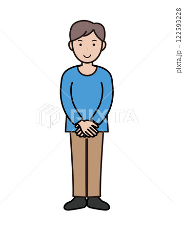 笑顔でおもてなしポーズの若い男性の全身イラスト 笑顔でおもてなしポーズの若い男性の全身イラスト 122593228