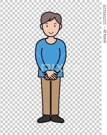 笑顔でおもてなしポーズの若い男性の全身イラスト 笑顔でおもてなしポーズの若い男性の全身イラスト 122593228