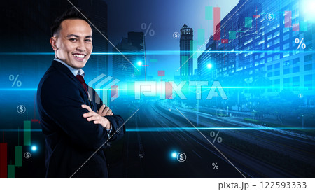 Portrait of an Asian businessman standing in front of financial data charts on a virtual screen. Concept of business, strategy, planning, and financial Portrait of an Asian businessman standing in front of financial data charts on a virtual screen. Concept of business, strategy, planning, and financial 122593333