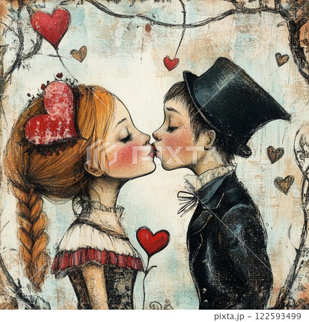 Vintage antiques postcard,with a red heart and rabbits for a couple in love, a gift for a girl's birthday card, wedding card, atmosphere of love devotion happiness romance nostalgia 122593499