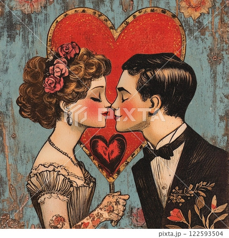 Vintage antiques postcard,with a red heart and rabbits for a couple in love, a gift for a girl's birthday card, wedding card, atmosphere of love devotion happiness romance nostalgia 122593504