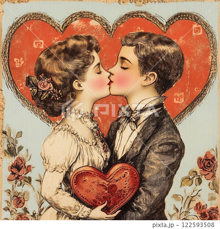 Vintage antiques postcard,with a red heart and rabbits for a couple in love, a gift for a girl's birthday card, wedding card, atmosphere of love devotion happiness romance nostalgia 122593508