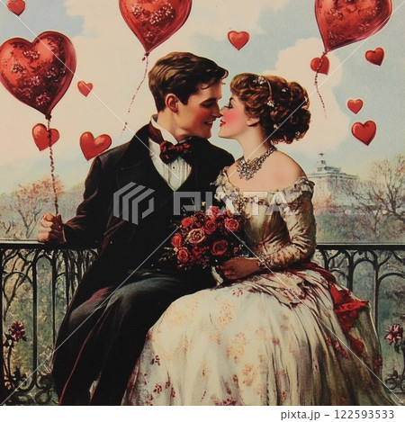 Vintage antiques postcard,with a red heart and rabbits for a couple in love, a gift for a girl's birthday card, wedding card, atmosphere of love devotion happiness romance nostalgia 122593533