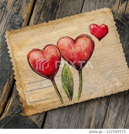 Vintage antiques postcard,with a red heart and rabbits for a couple in love, a gift for a girl's birthday card, wedding card, atmosphere of love devotion happiness romance nostalgia 122593573