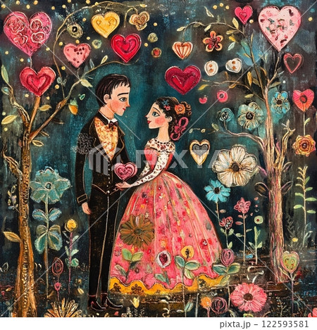 Vintage antiques postcard,with a red heart and rabbits for a couple in love, a gift for a girl's birthday card, wedding card, atmosphere of love devotion happiness romance nostalgia 122593581