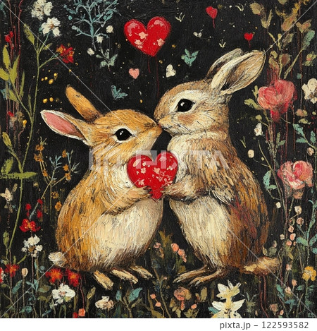 Vintage antiques postcard,with a red heart and rabbits for a couple in love, a gift for a girl's birthday card, wedding card, atmosphere of love devotion happiness romance nostalgia 122593582