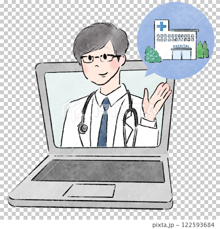 一位男醫師透過筆記型電腦顯示器介紹一間醫院 一位男醫師透過筆記型電腦顯示器介紹一間醫院 122593684