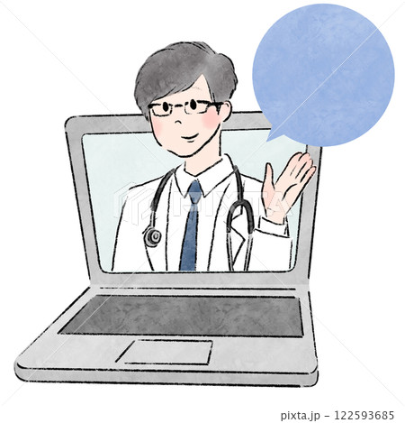 ノートパソコンと男性医師と吹き出しのオンライン診療をイメージしたイラスト ノートパソコンと男性医師と吹き出しのオンライン診療をイメージしたイラスト 122593685
