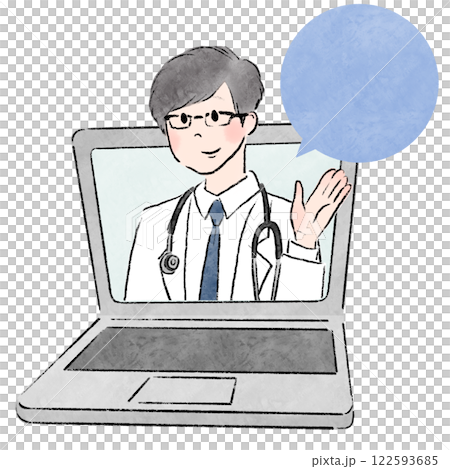 ノートパソコンと男性医師と吹き出しのオンライン診療をイメージしたイラスト ノートパソコンと男性医師と吹き出しのオンライン診療をイメージしたイラスト 122593685