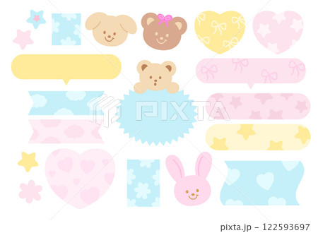 Pastel vector illustrations of teddy bear, bunny, heart pattern for cartoon characters, comic, text bubbles, pet shop, zoo, souvenir shop, animal, text, message, chat, dialogue, stickers, Valentine's Pastel vector illustrations of teddy bear, bunny, heart pattern for cartoon characters, comic, text bubbles, pet shop, zoo, souvenir shop, animal, text, message, chat, dialogue, stickers, Valentine's 122593697