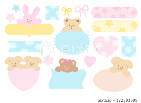 Pastel vector illustrations of teddy bear, bunny, heart, ribbon for cartoon characters, comic, text bubbles, pet shop, zoo, souvenir shop, animal, text, message, chat, dialogue, stickers, Valentine's	 122593699