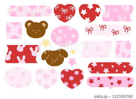 Vector illustrations of teddy bear, puppy, ribbon, heart pattern for cartoon characters, comic, text bubbles, pet shop, vet, zoo, souvenir shop, animal, text, message, chat, stickers, Valentine's Day 122593700