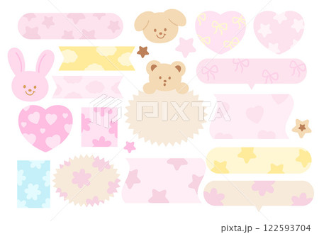 Pastel vector illustrations of teddy bear, bunny, puppy, heart pattern for cartoon characters, comic, text bubbles, pet shop, vet, zoo, souvenir shop, animal, text, message, chat, stickers, Valentine Pastel vector illustrations of teddy bear, bunny, puppy, heart pattern for cartoon characters, comic, text bubbles, pet shop, vet, zoo, souvenir shop, animal, text, message, chat, stickers, Valentine 122593704