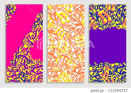 Set of vertical flyers with musical keys signs and symbols piled up in big heap of cacophony. Templates for party invitation, banners, brochures print. Vector on white, blue background 122593727