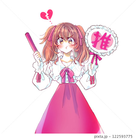 うちわとサイリウムを持って推し活をする女性 怒る 赤 うちわとサイリウムを持って推し活をする女性 怒る 赤 122593775