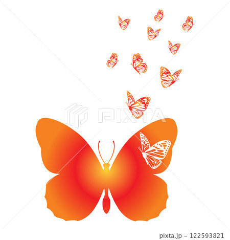 Beautiful red orange butterfly illustration with tiny butterflies flying from its wings ideal for posters, greeting cards, decor, branding and nature themed projects. Vector illustration Beautiful red orange butterfly illustration with tiny butterflies flying from its wings ideal for posters, greeting cards, decor, branding and nature themed projects. Vector illustration 122593821