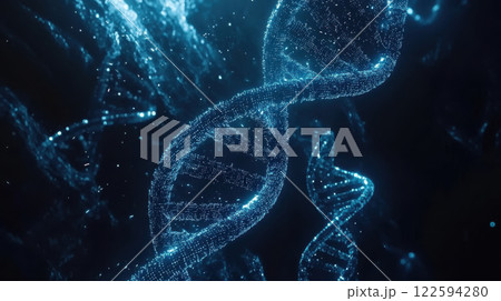 Abstract visualization of glowing dna helix structure in blue light capturing molecular science and genetic research concepts Abstract visualization of glowing dna helix structure in blue light capturing molecular science and genetic research concepts 122594280