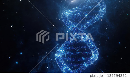 Glowing blue dna strand in outer space with sparkling particle effects and cosmic background for science and genetics themes Glowing blue dna strand in outer space with sparkling particle effects and cosmic background for science and genetics themes 122594282
