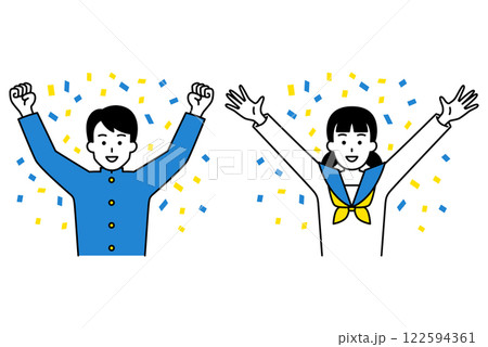 紙吹雪の中でバンザイで喜ぶ男女の学生　セット 122594361