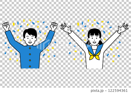 Set of male and female students cheering in joy amid confetti 122594361