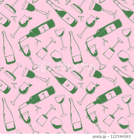 Naive drawing pattern with bottles in Dolce Vita aesthetic. Hand-drawn chalk wine illustrations. A collection of whimsical doodle line art. Vintage ink elements for menus and posters 122594363