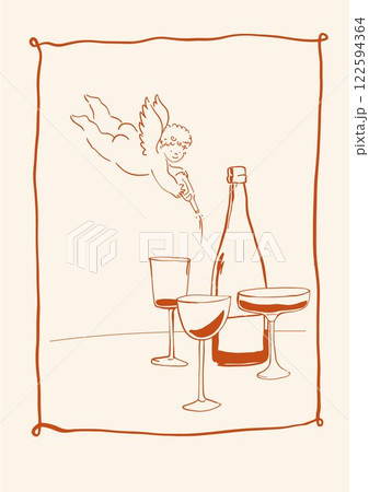 A whimsical and playful illustration features an angelic figure pouring wine. A table is elegantly set with plates, glasses, and a shining candle, creating a warm and inviting ambiance. 122594364