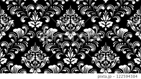 Floral pattern. Seamless vector background. Vintage wallpaper in the Baroque style. White and black ornament for fabric, wallpaper, packaging. Ornate Damask flower illustration. Floral pattern. Seamless vector background. Vintage wallpaper in the Baroque style. White and black ornament for fabric, wallpaper, packaging. Ornate Damask flower illustration. 122594384
