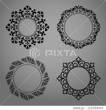 Set of decorative frames Elegant vector element for design in Eastern style, place for text. Floral black and gray borders. Lace illustration for invitations and greeting cards Set of decorative frames Elegant vector element for design in Eastern style, place for text. Floral black and gray borders. Lace illustration for invitations and greeting cards 122594443