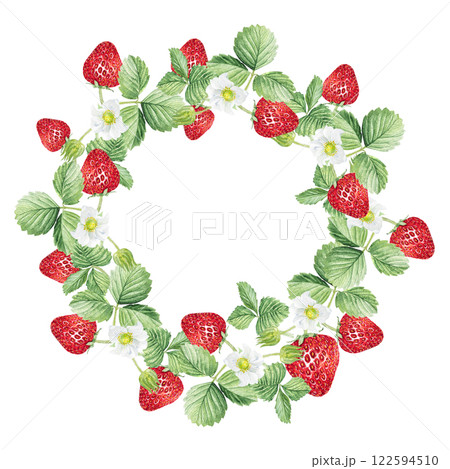 Watercolor frame of white flowers and strawberries. Beautiful frame with strawberry flowers, strawberries, leaves, hand drawn Watercolor frame of white flowers and strawberries. Beautiful frame with strawberry flowers, strawberries, leaves, hand drawn 122594510