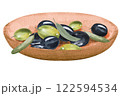 Olive berries in a wooden bowl, olive branches with berries and leaves, watercolor illustration.Hand drawn watercolor clipart of olive berries in a plate 122594534