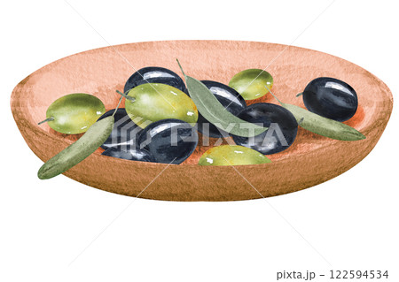 Olive berries in a wooden bowl, olive branches with berries and leaves, watercolor illustration.Hand drawn watercolor clipart of olive berries in a plate Olive berries in a wooden bowl, olive branches with berries and leaves, watercolor illustration.Hand drawn watercolor clipart of olive berries in a plate 122594534