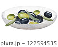 Olive berries in a wooden bowl, olive branches with berries and leaves, watercolor illustration.Hand drawn watercolor clipart of olive berries in a plate 122594535