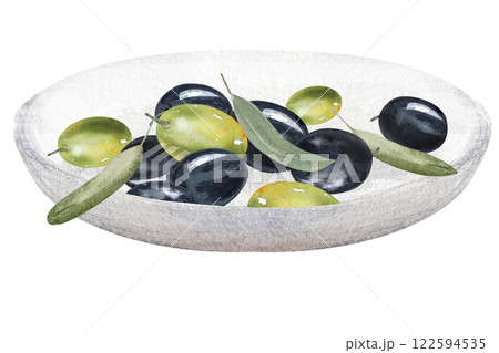 Olive berries in a wooden bowl, olive branches with berries and leaves, watercolor illustration.Hand drawn watercolor clipart of olive berries in a plate 122594535