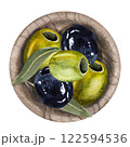 Olive berries in a wooden bowl, olive branches with berries and leaves, watercolor illustration, top view. Hand drawn watercolor clipart of olive berries in a plate 122594536
