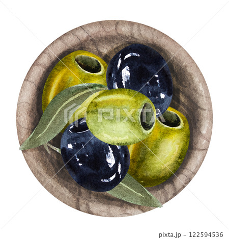 Olive berries in a wooden bowl, olive branches with berries and leaves, watercolor illustration, top view. Hand drawn watercolor clipart of olive berries in a plate Olive berries in a wooden bowl, olive branches with berries and leaves, watercolor illustration, top view. Hand drawn watercolor clipart of olive berries in a plate 122594536