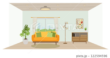 ソファーやキャビネットのあるおしゃれなリビングルーム 122594596