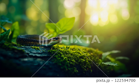 A snake is sitting on a moss covered rock in the woods 122594700
