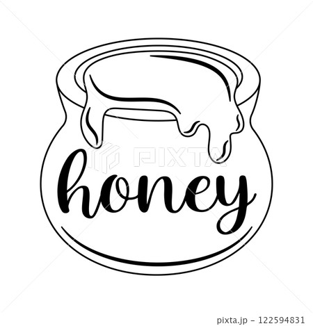 Honey Jar. Honey pot with dripping honey. Black and white outline. Sweet and natural food illustration. Traditional organic product for beekeeping and eco-friendly lifestyle. 122594831