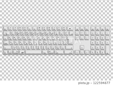 An illustration showing a gray Japanese JIS layout keyboard viewed from directly above. An illustration showing a gray Japanese JIS layout keyboard viewed from directly above. 122594877