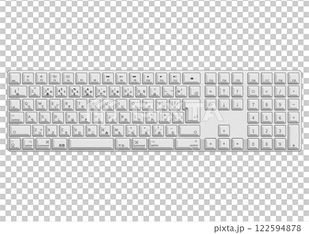 An illustration showing a white Japanese JIS layout keyboard viewed from directly above. An illustration showing a white Japanese JIS layout keyboard viewed from directly above. 122594878