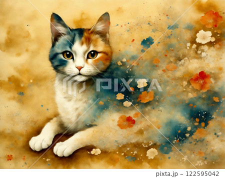 和風水彩画　金地　猫 122595042